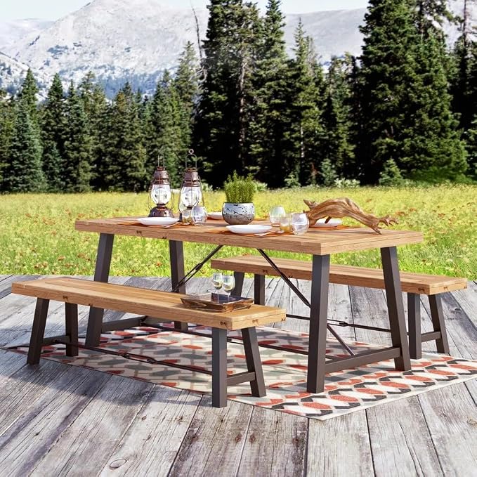 70'' Outdoor Patio Dining Table & 2 Bench for 4, Acacia Wood Farmhouse Dining Table Set Outdoor & Indoor Furniture for Patio Porch Garden, H-Shaped Metal Base, 3-Pcs, Teak