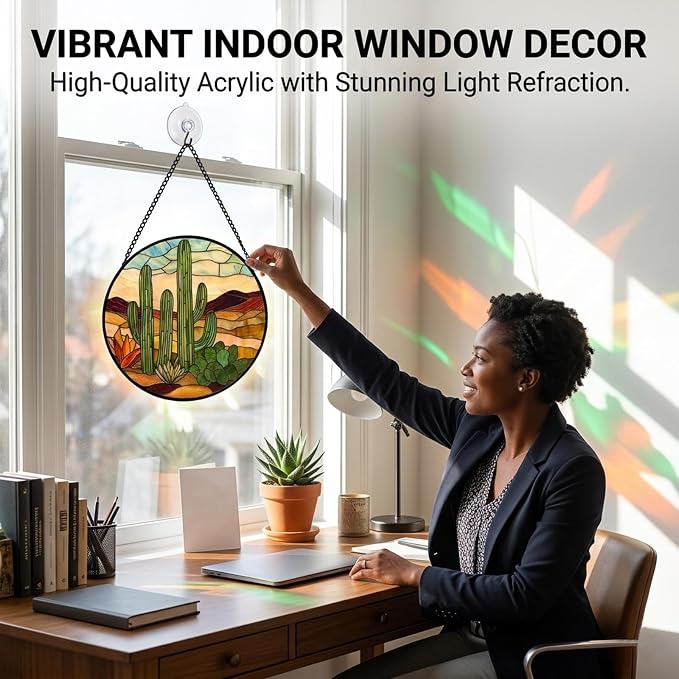 Birthday Gifts for Women - Desert Cactus Faux Stained Glass Window Hanging Sun Catcher for Door Garden Acrylic Home Decor Mother's Day Christmas for Mom Nana Friend Grandma Wife 9.8"