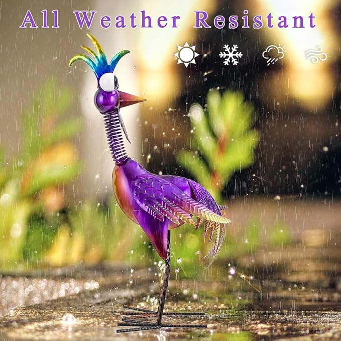 Metal Wacky Rooster Garden Statue for, Patio, Backyard, Lawn | 19'' Rooster Decor, Yard Statue Decorations Outdoor, Chicken Yard Art, Purple