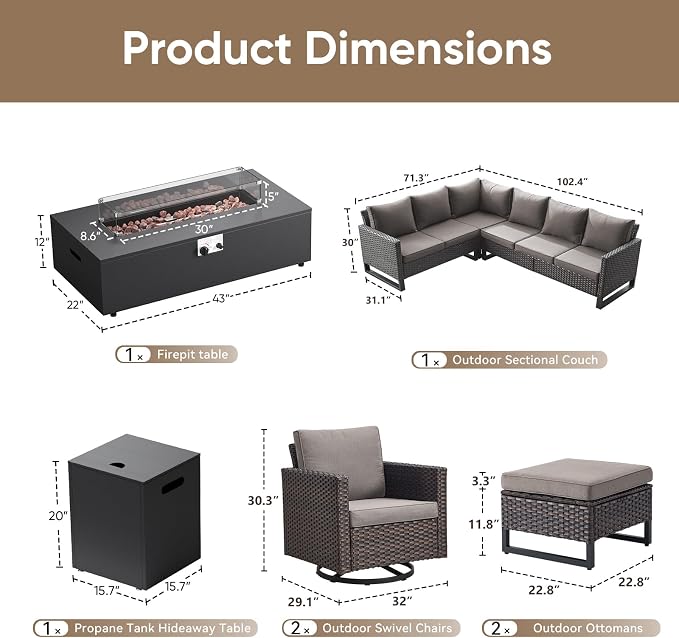 HUMMUH 9 Piece Patio Furniture Set,Outdoor Sectional Sofa Couch & Swivel Rocker Chairs,Propane Firepit with Hidden Fuel Tank,Outdoor Conversation Set for Porch,Garden,Backyard