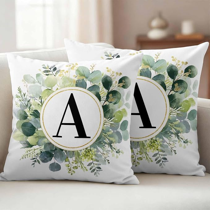 Letter A Waterproof Outdoor Pillow Covers Set of 2 Home Decor, Alphabet Green Eucalyptus Leaves Lumbar Pillowcase Patio Pillow Covers for Couch Bench Patio Furniture Garden 20x20in