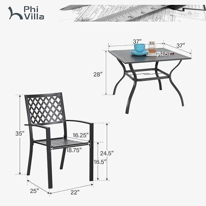 PHI VILLA Patio Dining Set, Stackable Chairs&37" Square Table | 37" Square Table & Stackable Iron Chairs, Large Furniture Set for Porch, Deck, Yard