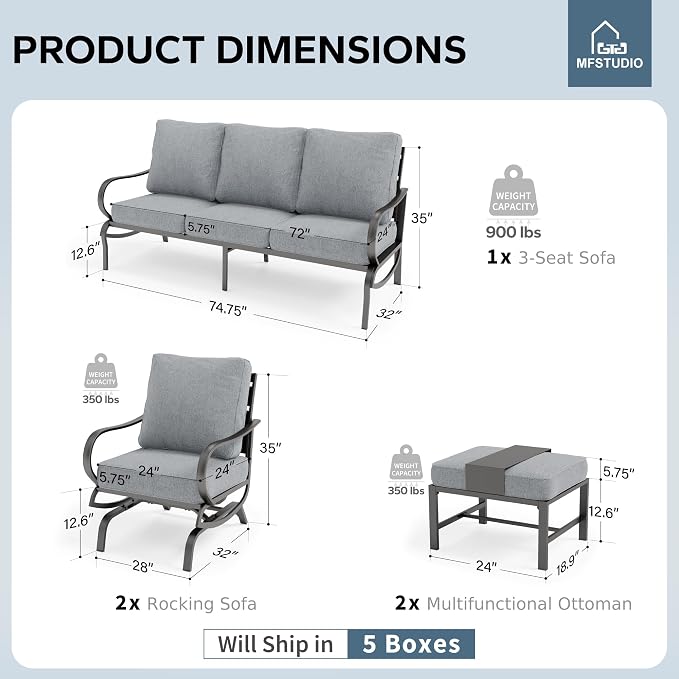 MFSTUDIO 5 Pieces Patio Conversation Sets, Outdoor Metal Furniture Sofas with 1 x 3-Seat Sofa, 2 x Rocking Chairs, 2 x Ottoman, Durable Steel Frame with Grey Cushion for Patio Balcony