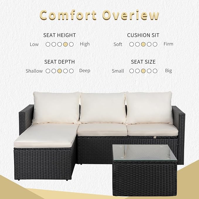 JAMFLY 3-Piece Outdoor Sectional Sofa Set with Glass Coffee Table, All-Weather PE Wicker Patio Furniture with Thick Cushions, Modular Conversation Set for Small Balcony, Deck & Porch, Beige