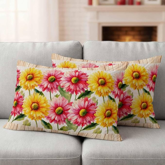 Yellow Pink Daisy Outdoor Pillow Covers 20"x12" Set of 2, Rustic Farmhouse Boho Brown Wood Grain Waterproof Throw Pillow Covers for Patio Furniture, Decorative Cushion Covers for Porch