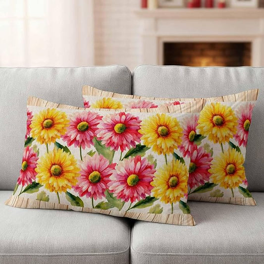 Yellow Pink Daisy Outdoor Pillow Covers 20"x12" Set of 2, Rustic Farmhouse Boho Brown Wood Grain Waterproof Throw Pillow Covers for Patio Furniture, Decorative Cushion Covers for Porch