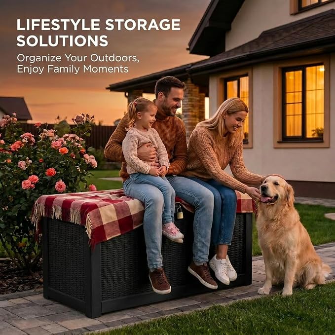 LAUSAINT HOME 260 Gallon XXXL Outdoor Deck Box, Waterproof Resin Storage Box Bench with Lock, Large Patio Cushion Storage, Garden Tool Organizer, Pool Storage Container, 3-Person Seat, Black