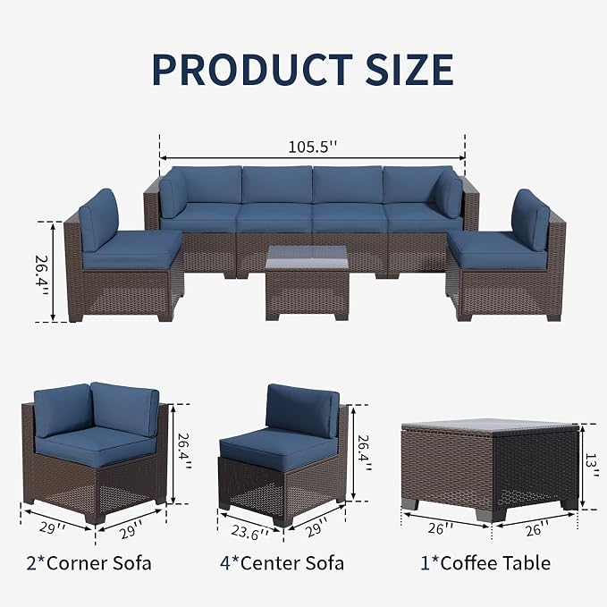 7 Piece Patio Furniture Set, Wicker Patio Conversation Sets, Outdoor Sectional Furniture with Tempered Glass Table, for Backyard, Deck, Garden, Dark Brown Rattan & Navy Blue Cushions
