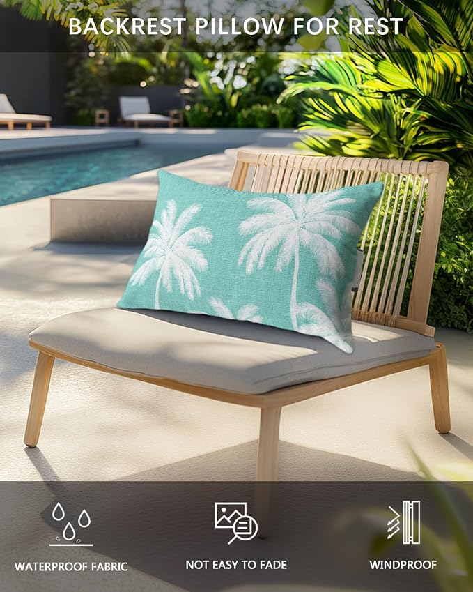 Pack of 4 Outdoor Lumbar Pillow Covers 12x20 Inch, Teal Palm Trees Waterproof Throw Pillow Covers Set, Farmhouse Tropical Summer Beach Indoor&Outdoor Decorative Cushion Cases for Patio Porch Car