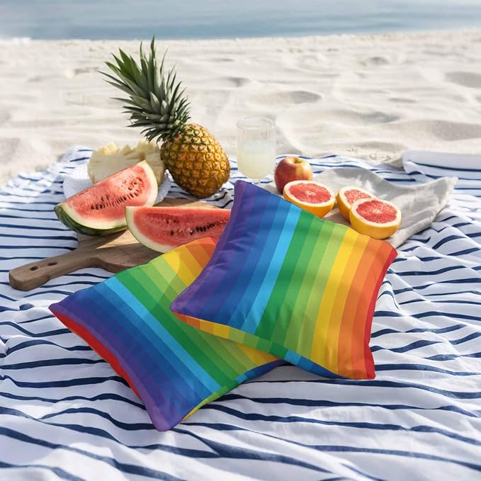 Outdoor Waterproof Throw Pillow Covers Set of 2 Rainbow Stripes Pillowcases 20x20 Inches Colorful Lines Striped Decorative Pillows Cushion Case Patio Pillows for Couch Bed Chair Garden