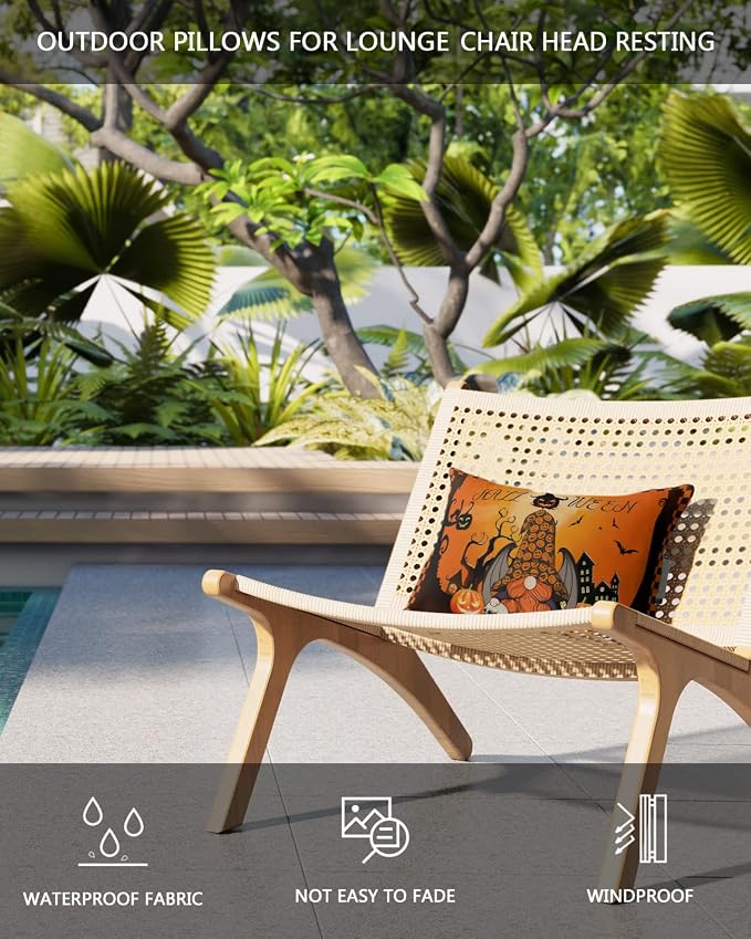 Outdoor Pillows Covers with Inserts Halloween Gnome with Bat Wings Pumpkin Ghost House Waterproof Pillow with Adjustable Strap Throw Pillows for Patio Furniture Recliner Lounge Chair, 11x16 inch, 1PCS