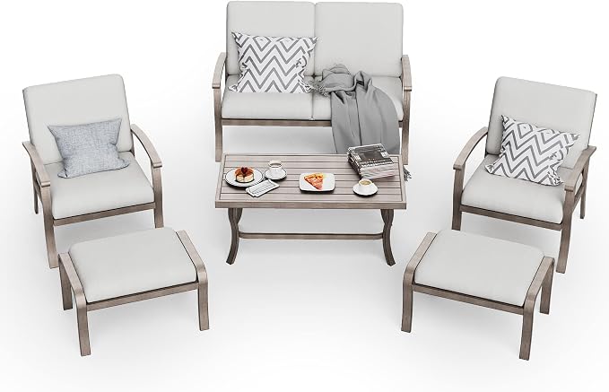 HAPPATIO 6 Piece Aluminum Patio Furniture Set, Outdoor Armchairs with Ottomans and Loveseat, Outdoor Sectional Sofa with Comfortable Cushions and Coffee Table(Gray)