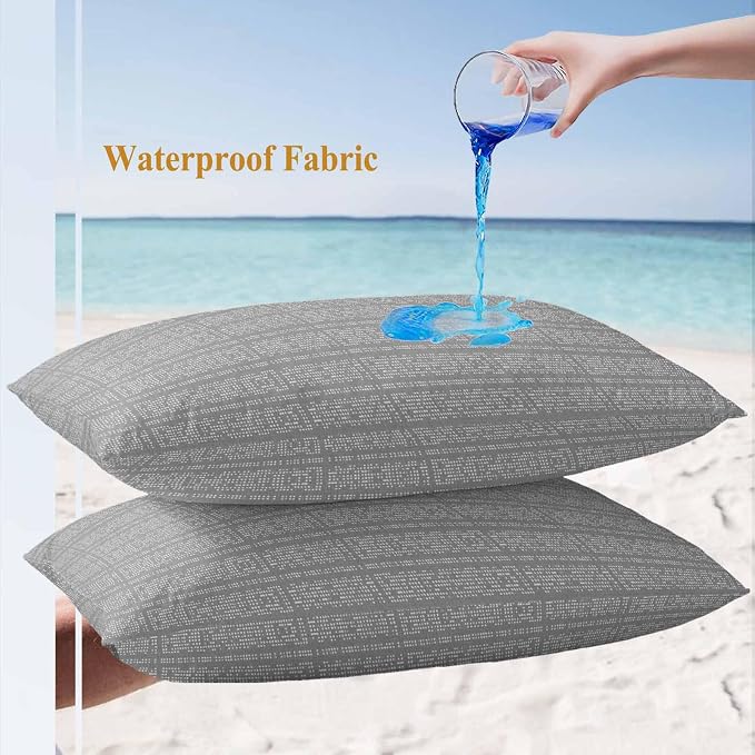 Outdoor Waterproof Throw Pillow Covers Set of 2 Stripes Grain Lumbar Pillowcases 20x12 Inches Grey Solid Color Decorative Pillows Cushion Case Patio Pillows for Couch Bed Chair Garden