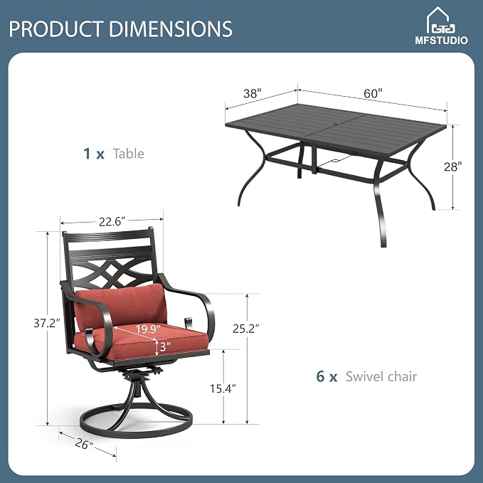 MFSTUDIO 7 PCS, Patio Dining Set, 60"×38", Swivel Chairs, Umbrella Hole | Red, Steel, Metal, E-coated frame