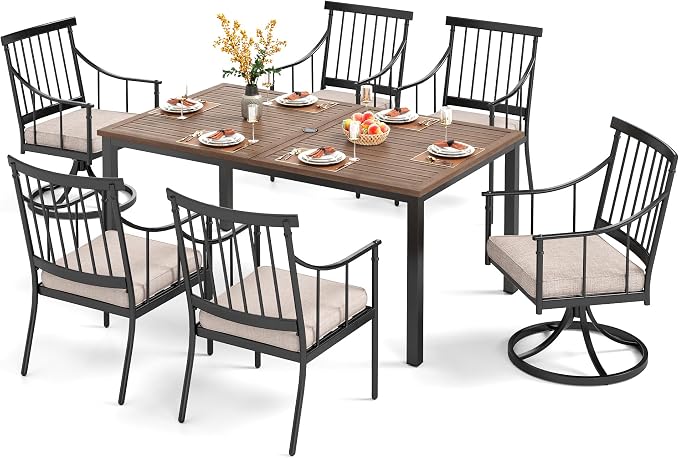 PHI VILLA 7 Piece, Outdoor Dining Set, 65"x39" Table, Umbrella Hole | Metal, Swivel Chairs, Cushions, Weather-Resistant, 360° Swivel, 300 lbs Capacity