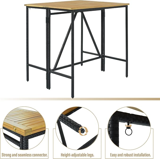5-Piece Outdoor Patio Wicker Bar Set,PE Rattan Wicker High-Dining Bistro Set with 4 Square Stools and 1 Acacia Wood Table with Foldable Tabletop