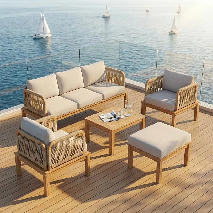 5-Piece Patio Furniture Set, Outdoor Conversation Set with Acacia Wood, Coffee Table and Ottoman, All-Weather Cushions for Backyard, Garden and Poolside(C-Beige)