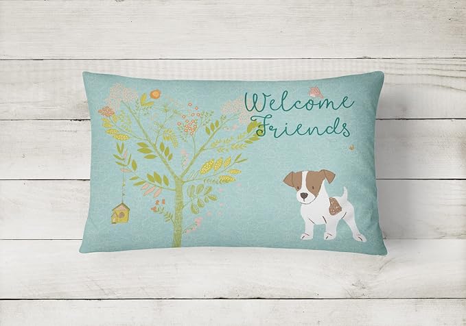 Caroline's Treasures BB7638PW1216 Welcome Friends Jack Russell Terrier Puppy Canvas Fabric Decorative Pillow Machine Washable, Indoor Outdoor Decorative Pillow for Couch, Bed or Patio, 12HX16W