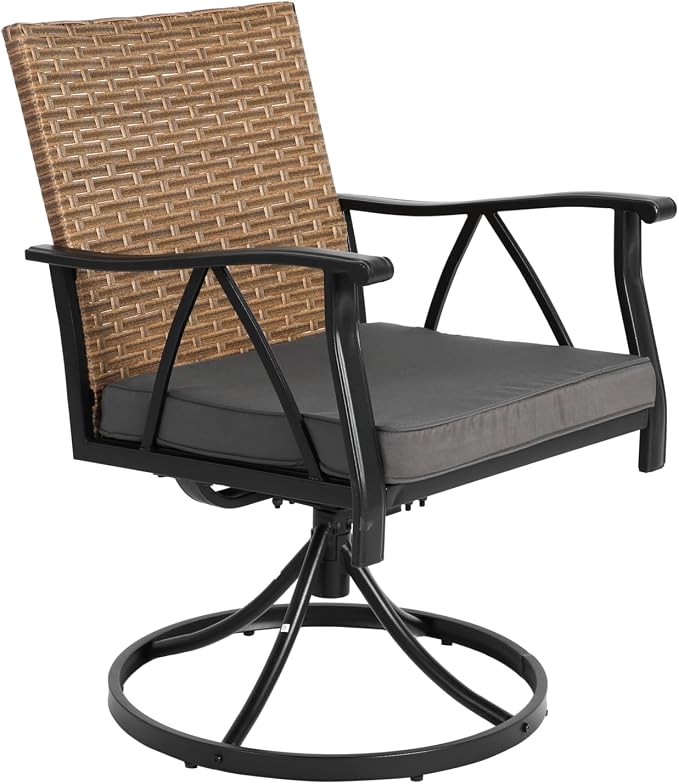 KEIKI Outdoor Dining Set, 7 Pieces Patio Furniture Set with Steel Tabletop and Swivel Chairs, Wicker Table and Chairs Set with Umbrella Hole for Backyard, Garden and Deck