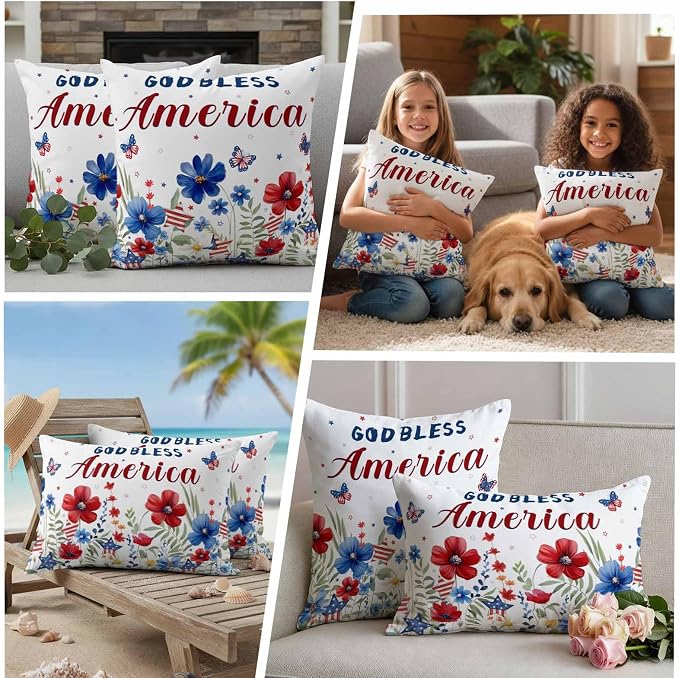 God Bless USA Outdoor Waterproof Throw Pillow Covers Set of 2, 18"x18", Red Blue Daisy Butterfly Independence Day Decorative Pillow Covers Outside Cushion Case for Patio Porch Garden