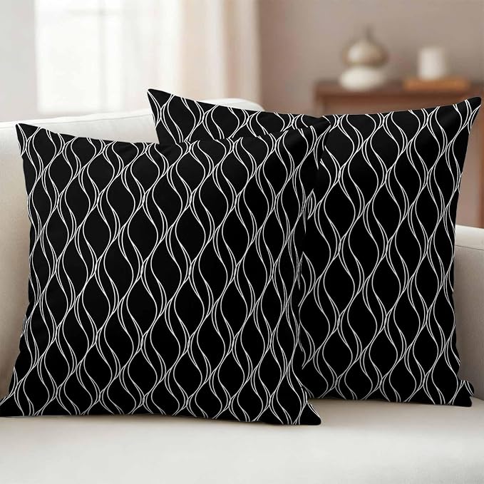Outdoor Pillow Covers Waterproof, Black Gold Wave Abstract Art Foil Print Pattern All Weather Cushion Case Set of 2, White Thin Line Decorative Pillowcases for Sofa Bed Decor Patio Furniture 20"x20"
