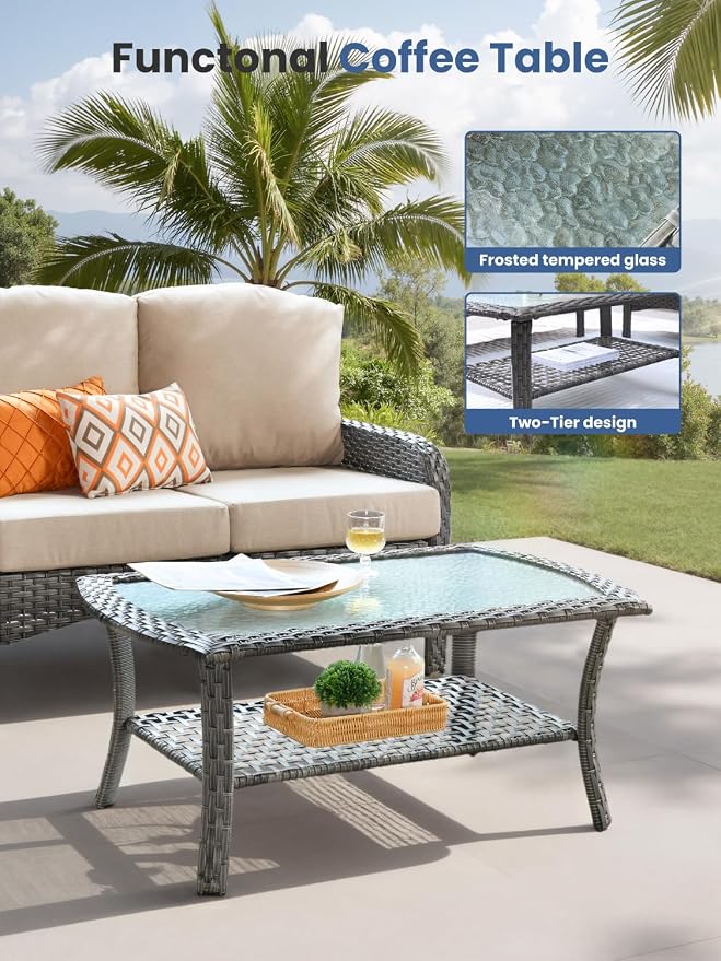 2-Piece Outdoor Patio Furniture Set with Coffee Table, Outdoor Conversation Wicker Sofa with Thickened Cushions, Rattan Couch for Deck Yard Poolside, Beige