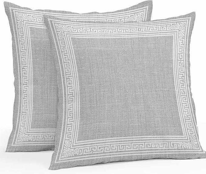 Grey Retro Greek Key Waterproof Outdoor Pillow Covers Set of 2 Home Decor, Geometric Greece Ancient Rustic Pillowcase Patio Pillow Covers for Couch Bench Furniture Garden 18x18in