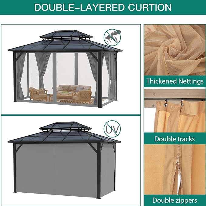 GAOMON 10'x12' Hardtop Gazebo with Polycarbonate Double Roof, Durable Aluminum Frame, Weatherproof & UV Protection for Garden, Patio, Lawn
