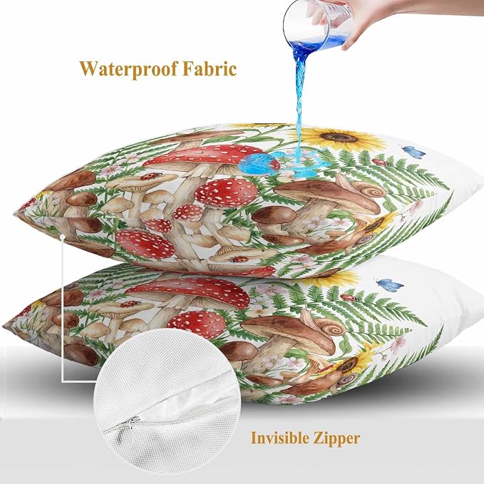 Outdoor Waterproof Throw Pillow Covers Set of 2 Red Mushroom Pillowcases 18x18 Inches Spring Butterfly Sunflower Green Ferns Decorative Pillows Cushion Case Patio Pillows for Couch Bed Chair Garden