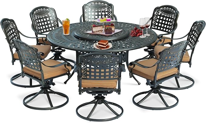 9-Piece Patio Cast Aluminum Dining Set, Outdoor Dining Furniture Set for 8 Person, Includes 8 Swivel Dining Chairs and 61" Large Round Dining Table with 31" Lazy Susan, Umbrella Hole, Tan
