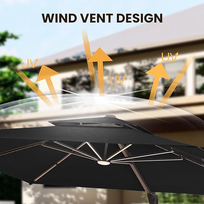 9 X 12 FT Cantilever Patio Umbrella with Led Lights Outdoor Heavy Duty Double Top Rectangle Offset Umbrellas with 360-degree Rotation for Pool Deck Backyard, Black