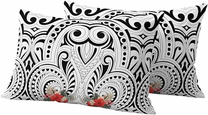 Outdoor Waterproof Throw Pillow Covers Set of 2 Polynesia Abstract Ethnic Pattern Lumbar Pillowcases 20x12 Inches Boho Style Flower Decorative Pillows Cushion Case Patio Pillows for Couch Bed Chair