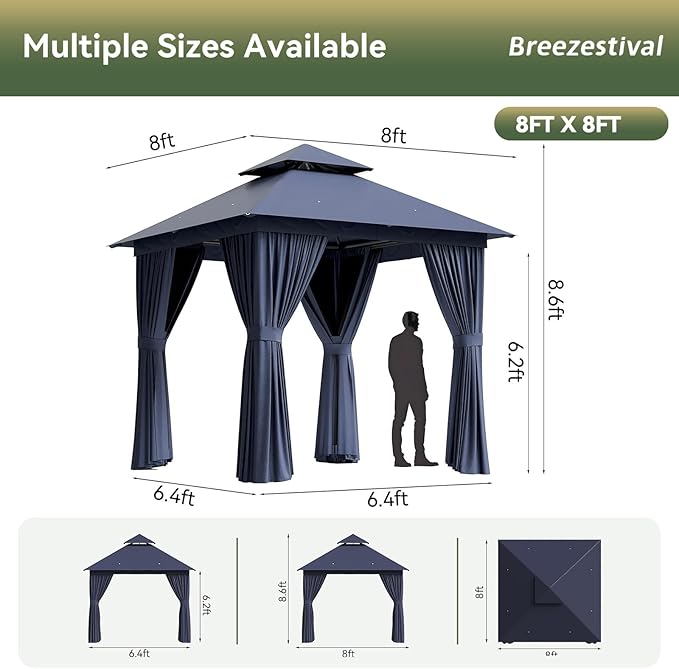 8'x8' Gazebo, Outdoor Gazebo Metal Frame Canopy with Double Roofs, Heavy Duty Patio Tent Shelter with Mosquito Netting and Privacy Screen for Backyard, Blue