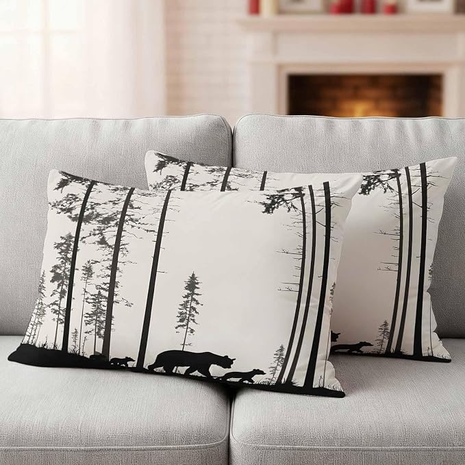 Abstract Outdoor Waterproof Throw Pillow Covers Set of 2, 20"x12", Animal Bear Family Forest Trees Silhouette Decorative Pillow Covers Outside Cushion Case for Patio Porch Garden