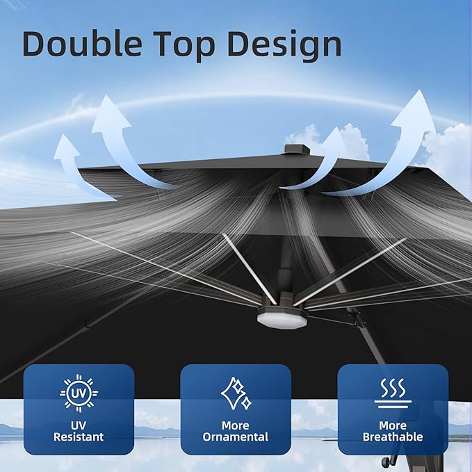 10x13 FT Patio Umbrella with Weighted Base and LED Lights Cantilever Outdoor Large Heavy Duty Rectangle Aluminum Offset Umbrellas Double Top 360 Rotation for Pool Deck Garden, Black
