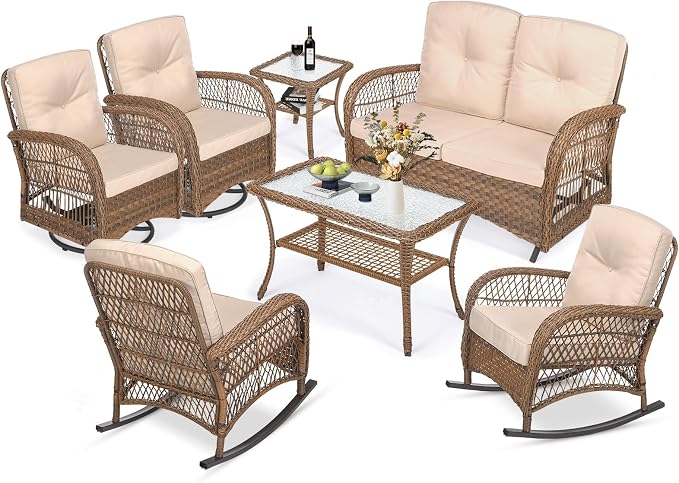 MEETWARM 7 Pieces Outdoor Patio Rattan Furniture Sets, All Weather Patio Wicker Conversation Set- 2 Rocking Chairs, 2 Swivel Chairs, 1 Loveseat Glider with Cushions, 2 Glass-Top Coffee Table, Beige