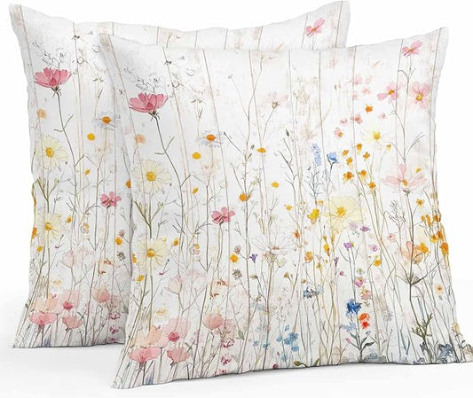 Vintage Flowers Waterproof Outdoor Pillow Covers 20''x20'' Set of 2, Botanical Patio Furniture Spring Cushion Covers for Chairs, Decorative Watercolor Wildflowers Pillow Cases for Garden/Pool/Beach