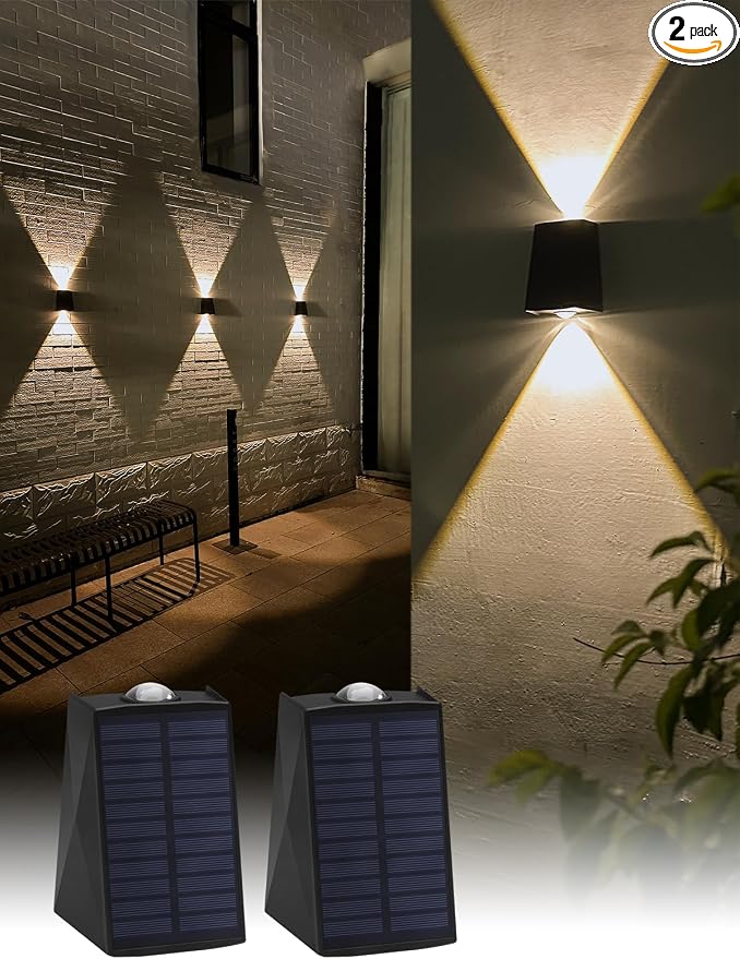 Solar Wall Lights Outdoor Up and Down Sconce Waterproof for House, Door | 3000K Warm White Solar Powered 2 Pack Dusk to Dawn Up Down Modern Lighting LED IP65 Waterproof