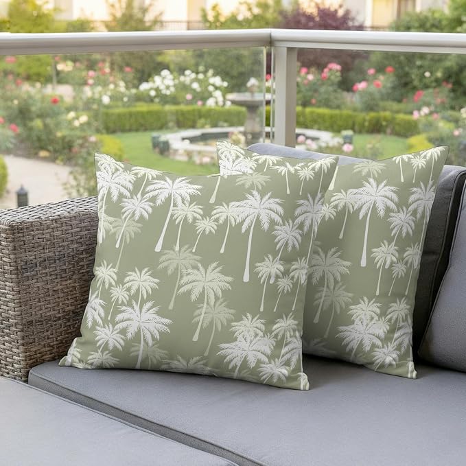 Throw Pillow Covers 26x26 Inch Set of 2, Tropical Palm Tree Waterproof Outdoor Pillow Covers, Sage Green Plants Coastal Leaf Beach Decorative Cushion Pillowcases for Couch, Sofa, Bed, Garden, Patio