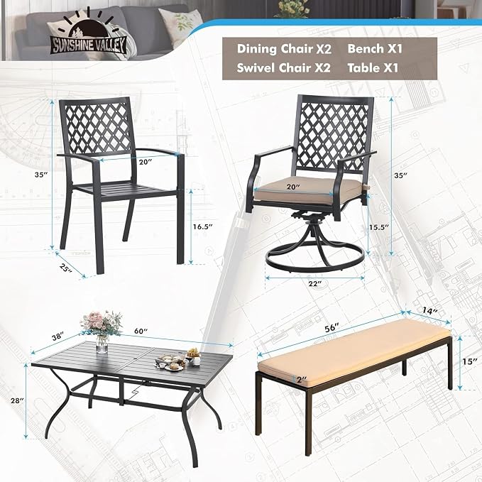 SUNSHINE VALLEY Patio Dining Set,60x38 Outdoor Table w/Umbrella Hole | Outdoor Table and Chairs Set w/ Umbrella Hole, 2 Leg Chairs, 2 Swivel Chairs, 1 Metal Table and 1 Cushioned Bench