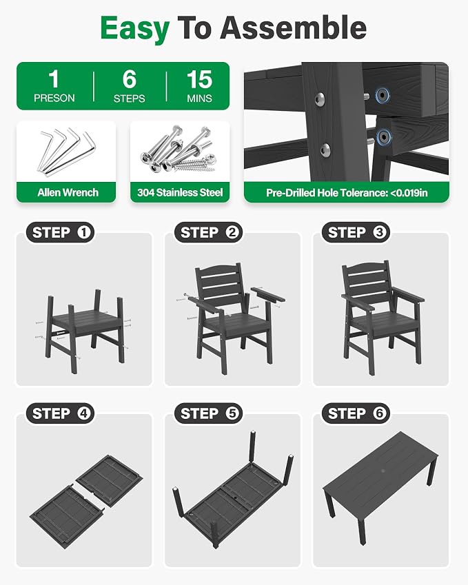 YEFU 7-Piece Patio Dining Sets: All-Weather Outdoor Table and Chairs Outside Furniture with Umbrella Hole & Aluminum Frame - HIPS Modern Patio Dining Set for 6 for Family Gatherings in Deck/Pool Grey
