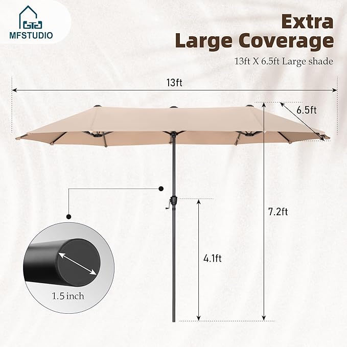 PHI VILLA 13 ft Outdoor Patio Umbrella, Large Rectangular Double Sided Market Table Twin Umbrellas with Crank Handle for Deck Pool(Beige)