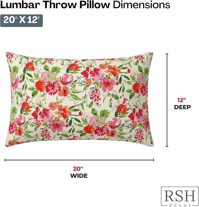 RSH DECOR: Lumbar Throw Pillows Set of 4 | 20” x 12" | All-Weather Spun Fabric | Outdoor Support Pillows for Patio Furniture | Made in USA (Bettina Garden)