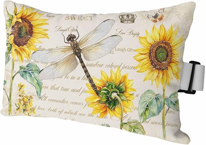 Outdoor Lumbar Pillow Set of 1, Dragonfly Sunflowers Waterproof Beach Headrest Pillow with Inserts, Vintage Botanical Yellow Floral Beige Recliner Throw Pillows for Patio Furniture, 12 x 20