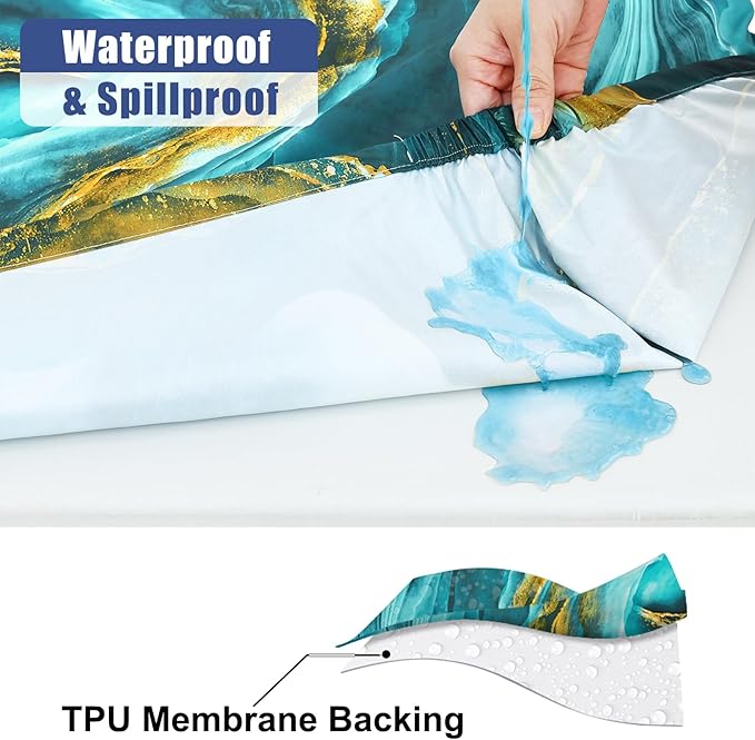 Smiry Picnic Table Cover with Bench Covers, Waterproof Elastic Fitted Tablecloth for 6 Foot Tables, Washable Polyester Tablecloths for Camping, Indoor & Outdoor (Teal & Gold, 30x72 Inch 3-pc Set)