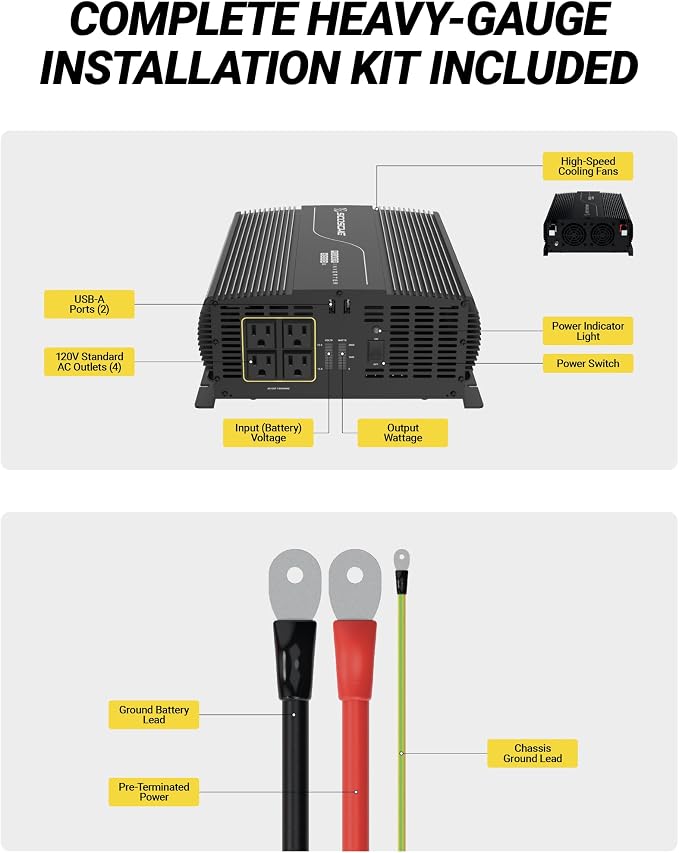 Scosche 3000W Modified Sine Wave Power Inverter, 12V DC to 120V AC Converter, 6000W Peak, 4 AC Outlets, Dual USB-A Ports, LED Indicator Light for Truck, RV, Semi-Truck, Home, Off-Grid Battery Systems