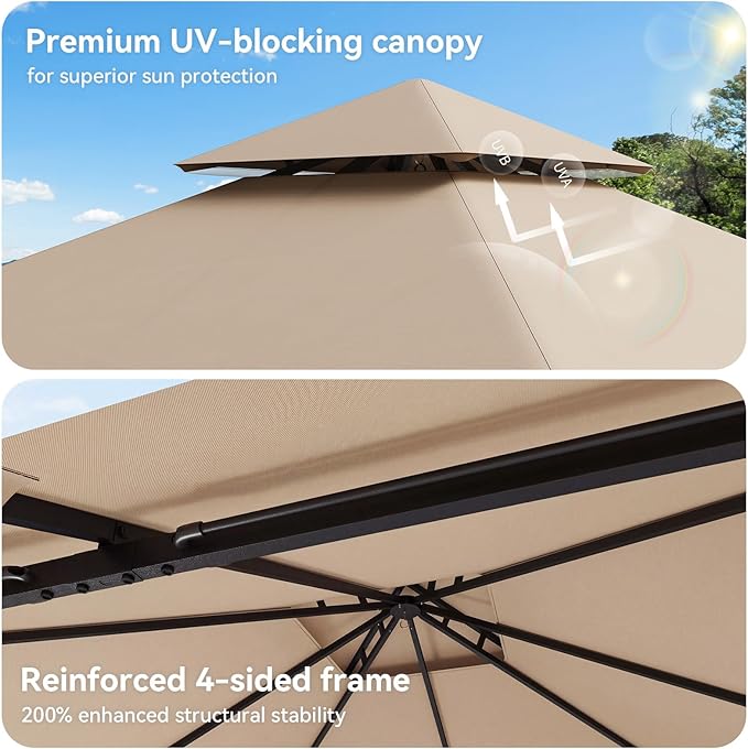 8'x8' Gazebo, Outdoor Gazebo Metal Frame Canopy with Double Roofs, Heavy Duty Patio Tent Shelter with Mosquito Netting and Privacy Screen for Backyard, Beige