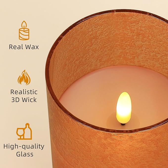 Flameless Candles with Remote, 3D Wick Realistic LED Candles Flickering, Real Wax in Glass Orange Fake Candles for Wedding Party Festival Home Decor Gifts