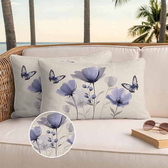 Purple Flowers Waterproof Outdoor Pillow Covers Set of 2 Home Decor, Spring Farmhouse Retro Tulip Butterfly Pillowcase Patio Pillow Covers for Couch Bench Furniture Garden 20x12in