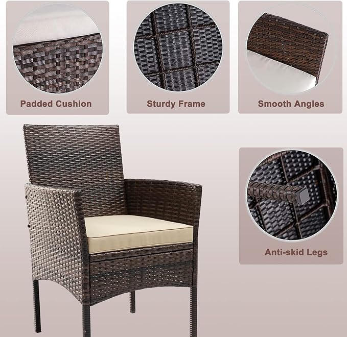 Zanzio Patio Furniture Set, 4 Pieces Porch Backyard Garden Outdoor Furniture Rattan Chairs and Table Wicker Conversation Set with Beige Cushions, Black-Brown